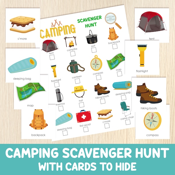 Camping Scavenger Hunt, Indoor/Outdoor Treasure Hunt with Cards to Hide, Printable Game for Kids, Spring, Summer, Fall, Printable Activity