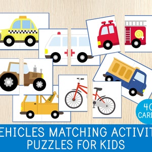 Actividad de emparejamiento de vehículos - 30 rompecabezas de transportes para niños - Simetría - Autos - Juego para niños pequeños y preescolares - Libro de actividades - Estilo Montessori