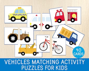 Vehicles Matching Activity - 30 Transports Puzzles for Kids - Symmetry - Cars - Toddler & Preschool Game -Busy Book - Montessori Style