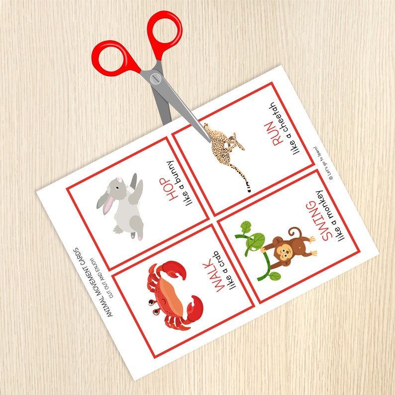May include: A set of six animal movement cards with colourful illustrations of a crab, bunny, monkey, cheetah, and more. Each card features a verb describing the animal's movement, such as "walk", "hop", "swing", and "run".