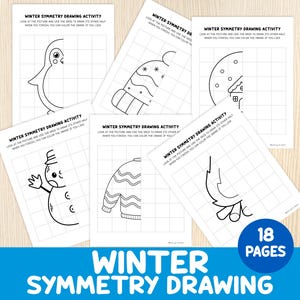 May include: A collection of winter-themed symmetry drawing activity pages. Each page features a different winter image, such as a penguin, hat, or snowman, with a grid to help complete the drawing. The set includes 18 pages.