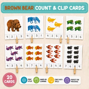 May include: Brown Bear Count & Clip Cards set featuring 20 cards with illustrations of animals including a brown bear, blue horses, yellow ducks, green frogs, purple cats, orange fish, red birds, and black sheep, each with numbers to clip with wooden pegs.