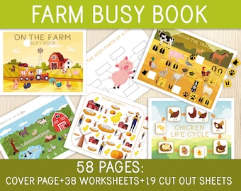 May include: A colorful printable farm busy book with 58 pages, including a cover page, 38 worksheets, and 19 cut-out sheets. The book features illustrations of farm animals, a tractor, a barn, and other farm-related objects.