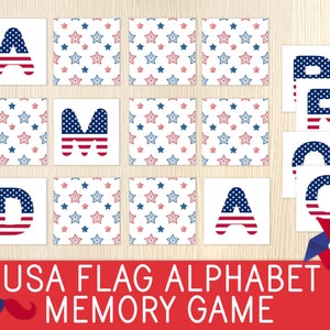 Juego de memoria del alfabeto - Letras de la bandera de EE. UU. - 4 de julio - Día de los Caídos - Juego de fiesta - Actividad patriótica imprimible