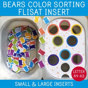 May include: A white plastic tub filled with colorful gummy bear-shaped pieces. Next to the tub is a white insert with a pattern of colorful circles and polka dots. The insert is labeled "Letter A4-A3" and "Small & Large Inserts".