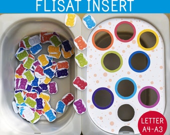 Kleursorteeractiviteit Flisat-inzetstuk, Flisat-tafelspel, Trofast-bakdeksel, kleine en grote afdrukbare inzetstukken, sensorische tafel, schattige gummyberen