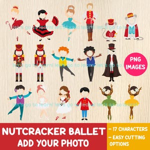 以下が含まれることがあります： 17人のキャラクターが描かれた、フラットデザインのくるみ割り人形バレエのイラスト。 バレリーナ、兵士、その他のキャラクターが含まれています。 画像には「Nutcracker Ballet - Add Your Photo」の文字が含まれています。