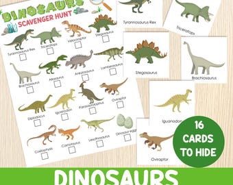 Dinosaurs Scavenger Hunt with Cards - Indoor Outdoor Dino Treasure Hunt - Toddler, Preschool, Kindergarten, Dinosaur Birthday Party Activity