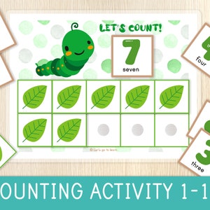 May include: A green caterpillar counting activity for kids. The printable worksheet features a green caterpillar with a smiling face and a grid of leaves. There are number cards with the numbers 1 through 8, and the words "one", "two", "three", "four", "five", "six", "seven", and "eight" written on them. The text "Let's Count!" is written at the top of the worksheet.