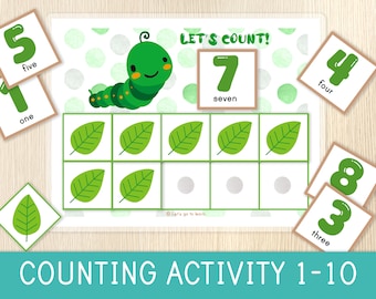 Caterpillar Counting Activity - Counting Practice - Numbers - Matching Activity - Toddler, Preschool Worksheet - Homeschool, Math for Kids