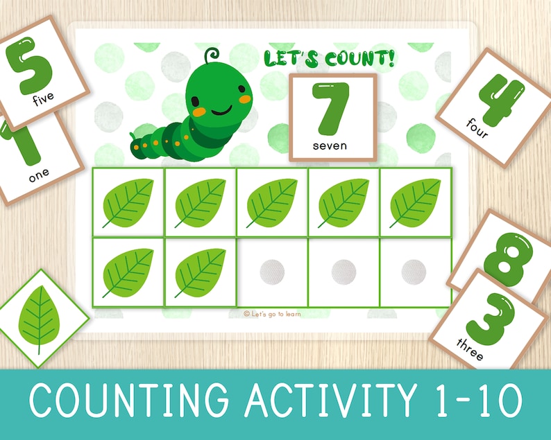 May include: A green caterpillar counting activity for kids. The printable worksheet features a green caterpillar with a smiling face and a grid of leaves. There are number cards with the numbers 1 through 8, and the words "one", "two", "three", "four", "five", "six", "seven", and "eight" written on them. The text "Let's Count!" is written at the top of the worksheet.