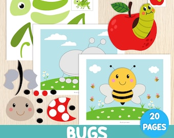 Bugs Cut and Glue Activities - Cut & Paste Worksheets for Kids - Preschool, Kindergarten - Scissor Skills - Cutting Practice - Paper Crafts