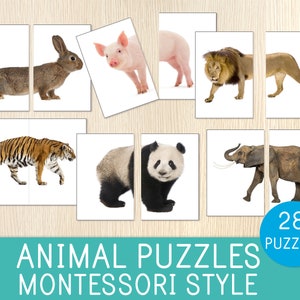Rompecabezas de animales, tarjetas para combinar, simetría, actividad Montessori, niños pequeños, preescolar, centros preescolares, educación en el hogar, idea de bolsa de actividades, tiempo de tranquilidad
