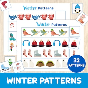 Puede incluir: Un juego educativo con el texto "Winter Patterns". El juego presenta filas de ilustraciones de temas invernales, como tazas, pájaros, gorros y calcetines. Incluye tarjetas individuales con imágenes de invierno, como un pingüino y un muñeco de nieve.