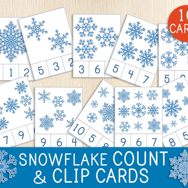 Snowflake Count and Clip  Cards, Numbers 1-10, Toddler, Preschool Activity, Winter Themed, Counting Cards, Montessori Cards, Printable