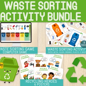 Waste Sort farbigen Aktivität Bundle, Computerspiel, 6 Poster, druckbare Aktivität, Tag der Erde, Tag der Umwelt, lernen zu recyceln, Recycling für Kinder