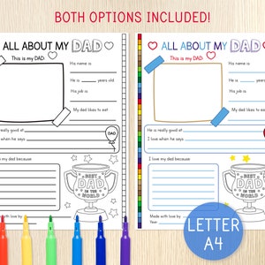 Regalo per la festa del papà - Tutto su mio papà, regalo personalizzato per papà - Compleanno del papà, questionario per papà, attività di pratica di scrittura e colorazione