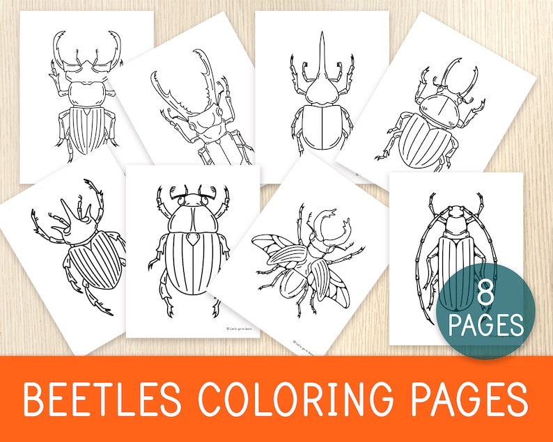 May include: Eight black and white coloring pages featuring different types of beetles. The pages are designed for children to color in.