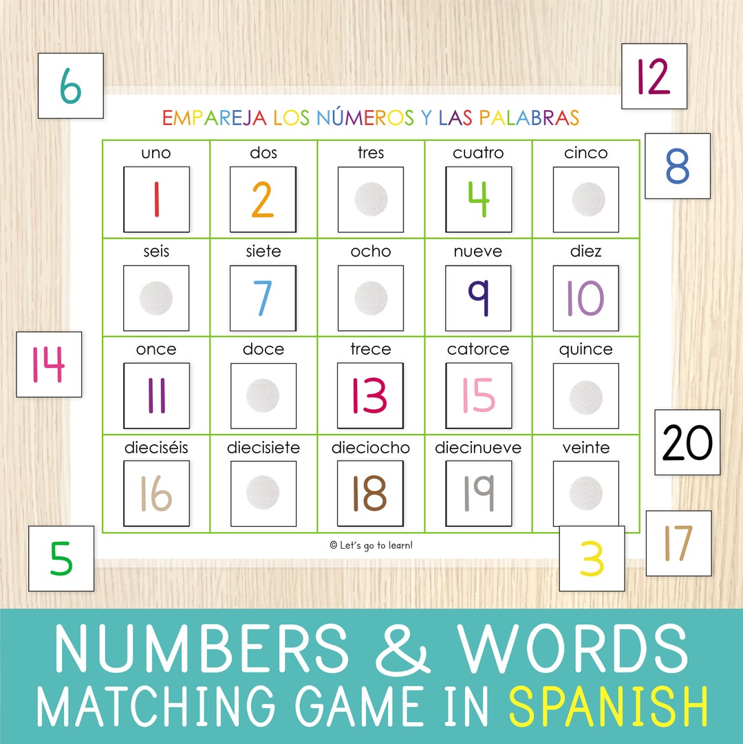 Number Matching Game in Spanish, Numbers 120 in Spanish, Numbers