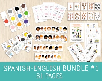 SPAANS-ENGELS BUNDEL #1, Kleuren, Cijfers, Emoties, Weer, Beroepen, Kleuterschool, Kind, Eerste leerjaar, Thuisonderwijs, Druk boek, Afdrukbaar