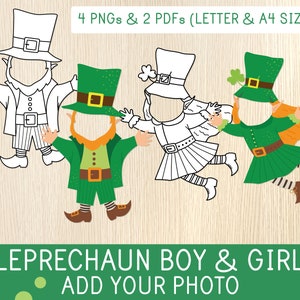 Kabouter jongen en meisje gezichtsloos, foto toevoegen Activiteit voor kinderen, blanco en kleurenversies, St. Patrick's Day Craft, kleuterschool, kleuterschool