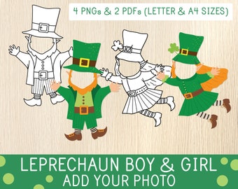 Leprechaun Boy & Girl Faceless, Add Your Photo Activity for Kids, Blank and Color Versions, St. Patrick's Day Craft, Preschool, Kindergarten