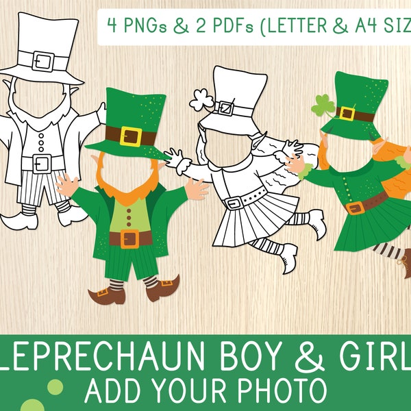 Leprechaun Boy & Girl Faceless, Blank and Color Versions, Add Your Photo Activity for Kids, St. Patrick's Day Craft, Preschool, Kindergarten