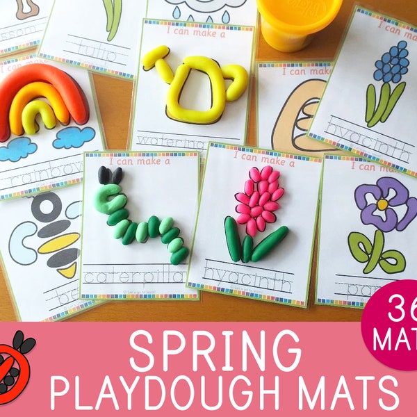 Tapetes de plastilina de primavera, 34 tarjetas visuales, Play Doh, actividad para niños pequeños, preescolar, jardín de infantes, habilidades motoras finas, juego, educativo imprimible