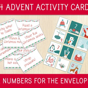 Advent  Calendar Activity Cards & Numbers for Envelopes, Christmas Calendar, Countdown to Christmas, Christmas Activities, Family Activities