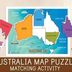 Australien Karte Puzzle, Sammelaktivität, Australien Staaten, Geographie Aktivität, beschäftigt Buch, Lernmappe, druckbares Arbeitsblatt, Karte für Kinder