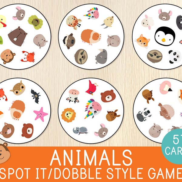 Animals Spot It Style Game, Dobble or Seek It, Preschool, Kindergarten, Birthday Party Activity, Matching Skills, Family Printable Game