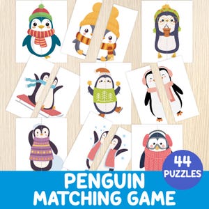 May include: A penguin matching game with 44 puzzles. The game features illustrated penguins wearing hats, scarves, and sweaters. The text "PENGUIN MATCHING GAME" is displayed in a blue banner.