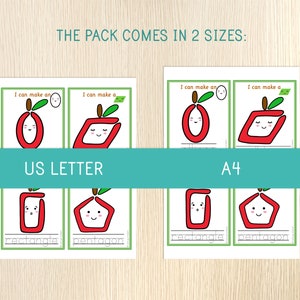 Peut inclure: Feuilles d'activit&eacute;s imprimables pour les enfants pour apprendre les formes. Les feuilles pr&eacute;sentent une pomme rouge avec un visage souriant, et le texte "Je peux faire un O" et "Je peux faire un rectangle". Les feuilles sont disponibles en deux tailles&nbsp;: US Letter et A4.