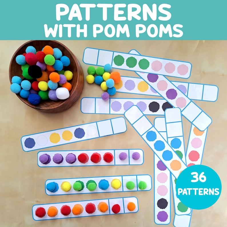 Patterns with Pom Poms for Kids - Printable Complete Patterns Mats - Color Recognition - Toddler & Preschool Worksheets - Fine Motor Skills image 1