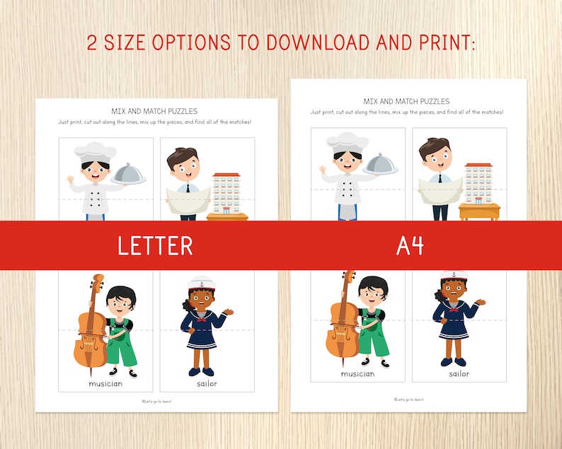 Op de afbeelding: Twee printbare mix-and-match puzzels voor kinderen. De eerste puzzel toont een kok, een bouwvakker, een muzikant en een matroos. De tweede puzzel toont dezelfde personages in een groter formaat. De tekst "Brief" en "A4" is afgedrukt op de pagina's.