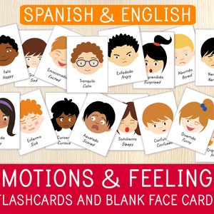 Tarjetas didácticas y tarjetas con caras en blanco sobre emociones en español e inglés - Tarjetas didácticas bilingües sobre sentimientos - Preescolar, jardín de infantes - Imprimibles para educación en el hogar