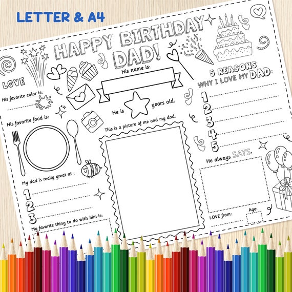 Happy Birthday Dad Placemat, Happy Birthday Dad Coloring & Writing Page, Activity Mat, All About Dad, Questionnaire, Greeting Card, Gift