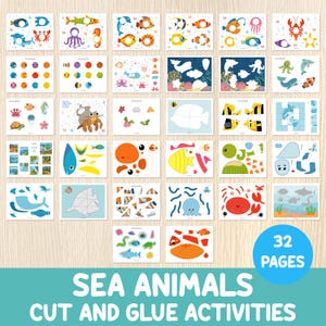 May include: A collection of 32 pages of sea animal cut and glue activities. The pages feature colorful illustrations of various sea creatures, including fish, crabs, and octopuses, designed for children's crafts and educational projects.