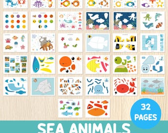 Sea Animals Cut & Glue Worksheets - Ocean Themed Craft Activities - Preschool, Kindergarten - Animals Cut and Paste - Fine Motor Skills
