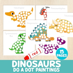 May include: A set of 15 printable dinosaur dot-to-dot colouring pages. Each page features a different dinosaur, including a Velociraptor, Tyrannosaurus Rex, Stegosaurus, Parasaurolophus, and Triceratops. The pages are designed for children to use dot markers or paint to colour in the dinosaurs.