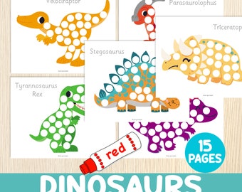 Dinosaurio hacer pinturas de puntos, marcadores de puntos, actividad de habilidades motoras finas, niño pequeño, preescolar, páginas de libros ocupados, favores de fiesta de cumpleaños, imprimible