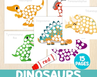 Dinosaurio hacer pinturas de puntos, marcadores de puntos, actividad de habilidades motoras finas, niño pequeño, preescolar, páginas de libros ocupados, favores de fiesta de cumpleaños, imprimible