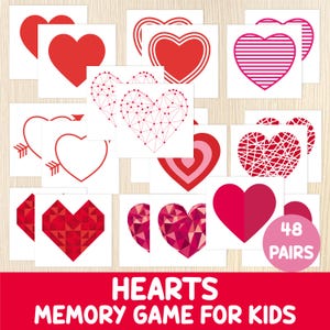 Juego de memoria de corazones para el día de San Valentín para niños: divertidas tarjetas de emparejamiento imprimibles para niños pequeños y preescolares: actividad educativa en PDF: juego de amor