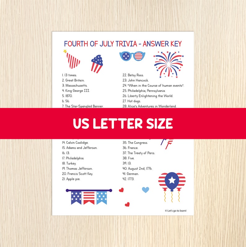 May include: Fourth of July trivia answer key with red, white, and blue illustrations. The answer key includes a list of questions and answers related to American history and culture.