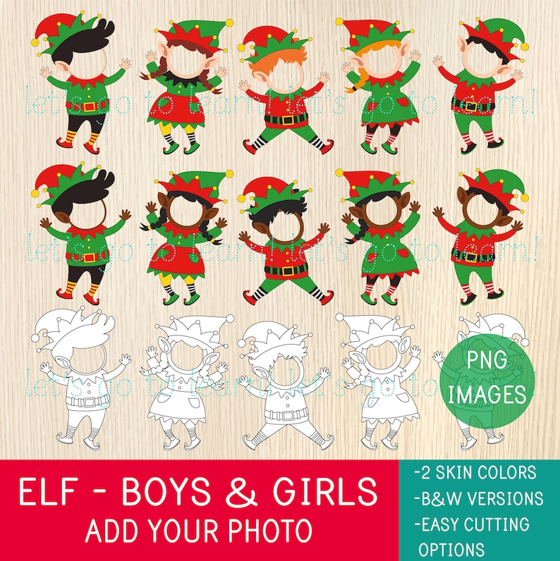May include: Digital images of elf costumes for boys and girls, in red, green, and black, with space for a photo. Includes black and white versions and easy cutting options. The text reads: ELF - BOYS & GIRLS ADD YOUR PHOTO. PNG images.