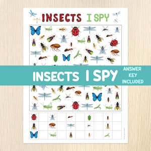 Peut inclure: Une feuille d'activité imprimée intitulée "Insectes, je vois" présentant diverses illustrations d'insectes, notamment des papillons, des coccinelles et des abeilles. La feuille comprend le texte "Clé de réponse incluse" et est conçue à des fins éducatives ou de divertissement.