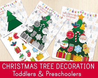 May include: A printable Christmas tree decoration activity for toddlers and preschoolers. The activity includes a green Christmas tree outline and a sheet of colorful Christmas tree ornaments to cut out and glue on the tree.