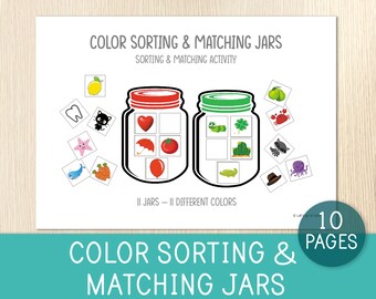 Color Sorting & Matching Jars - 11 Different Colors, Matching Activity, Toddler, Preschool, Busy Book Pages, Worksheets for Kids, Printable