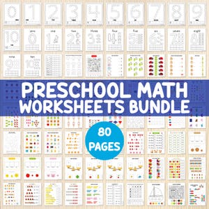 May include: A set of 80 printable preschool math worksheets. The worksheets feature a variety of activities, including counting, number recognition, addition, subtraction, and more. The worksheets are designed to help children learn basic math skills in a fun and engaging way.