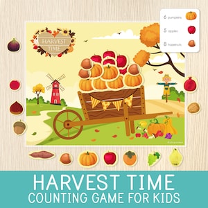 Jogo de outono para crianças, atividade de contagem de outono, época de colheita, cartões de tarefas, frutas e vegetais, pré-escola, jardim de infância, material educacional para impressão